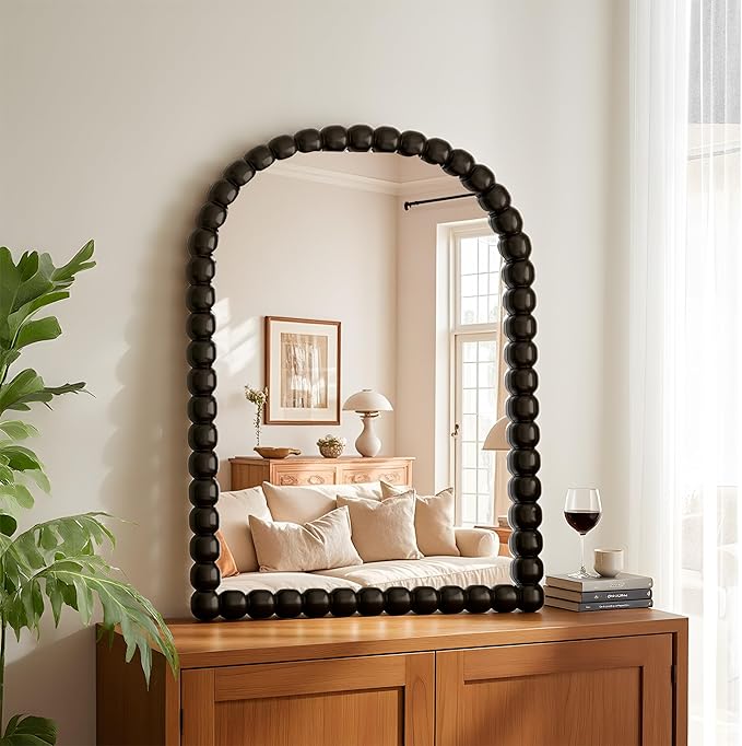 22"×30" Bronze Arched Bathroom Vanity Mirror, Vintage Beaded Decorative Wall Mounted Makeup Mirror, as Wall Decor Hanging Leaning for Fireplace Mantle, Living Room, Bedroom, Vanity Area