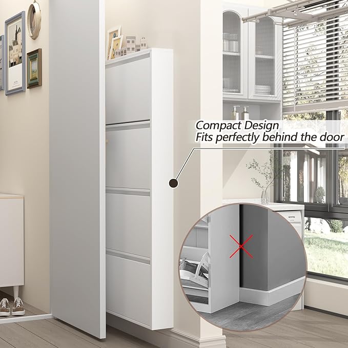 GREATMEET Slim Wall Mounted Shoe Cabinet, 6 Inch Narrow White Hidden Metal Shoe Storage with 4 Flip Drawers, Tall 57 Inch Steel Space Saving Organizer Rack for Entryway Hallway Small Spaces
