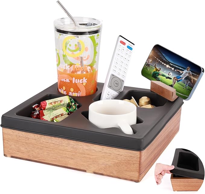 Couch Cup Holder Tray, Silicone Acacia Wooden Couch Caddy with Cup Holder for Snacks, Drinks, Remotes, Waterproof Cup Holder for Couch, Organizer, Movie Night Snack Trays