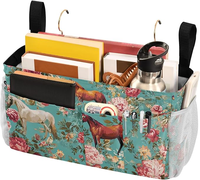 Bedside Caddy Hanging Bunk Bed Caddy Bed Organizer Hanging Pocket with 2 Hooks Bedside Storage Organizer Pocket Bag Holder Teal Horses and Red Roses