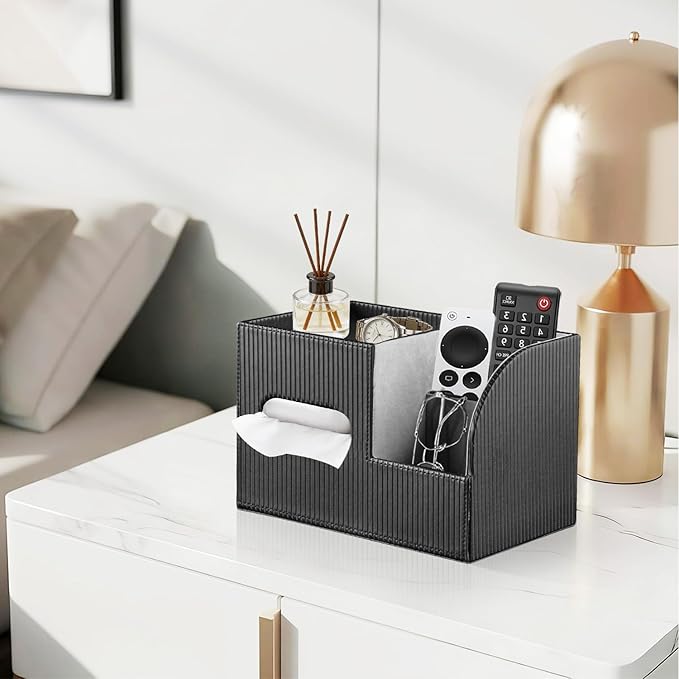 Modern PU Leather Cube Tissue Box Cover with Storage Tray, Multifunctional Remote Control Holder & Facial Tissue Dispenser Organizer for Nightstand, Bathroom, Bedroom, Office & Home Decor