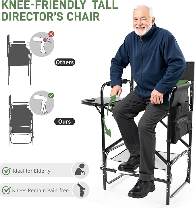 Outvita 2 Piece 31" Tall Directors Chair Height Seat Folding with Side Table Storage Bag, Support for 300Lbs Portable Makeup Artist Chair with Bar Height(Dark Green/Black)