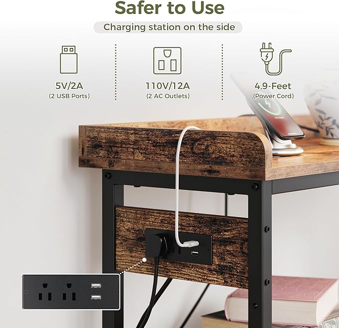 IRONCK Console Table, Sofa Table with Power Outlet, Farmhouse Hallway Table for Entryway, Living Room, Height Adjustable, Easy Assembly, Rustic Brown, 43"