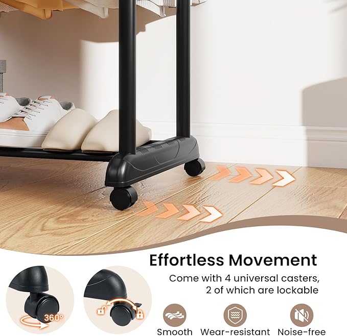 Giantex Double Rod Clothing Rack, Portable Garment Clothes Rack with Adjustable Height & Wheels, Heavy-Duty Metal Rolling Wardrobe Rack for Bedroom, Laundry, Dressing Room
