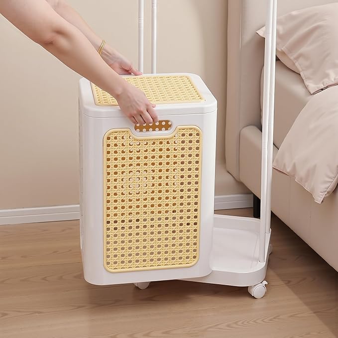 VECELO Laundry Hamper with Clothes Rack, Rolling Laundry Basket with Lid and Wheels, Tall Clothes Stand for Hanging Clothes, Multifunctional Laundry Organizer for Bedroom, Bathroom, White