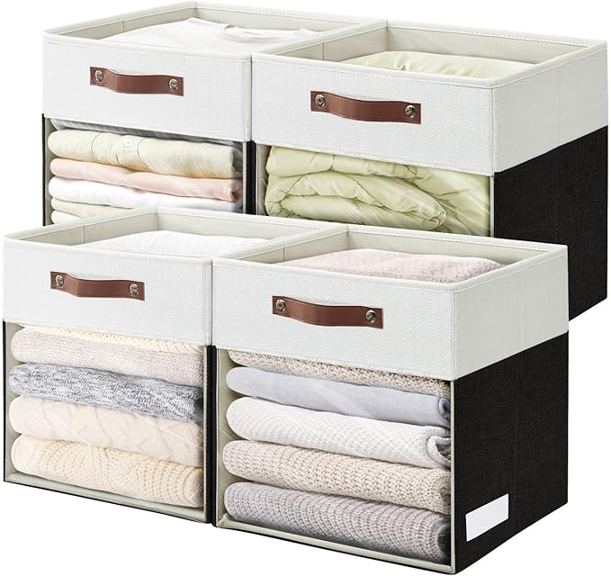 Bagnizer Storage Cubes, 4 Pack Linen Foldable Storage Bins with Clear Window and 2 Handles, 13x15x13 Storage Cube Bins for Shelf Closet, Kallax, Clothes, Books - (Black / Off-White)