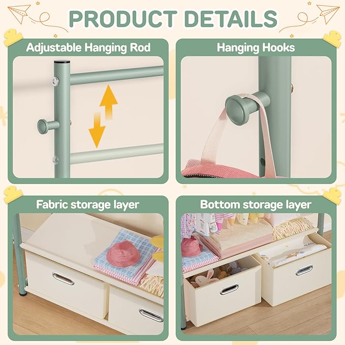 Kids Clothes Rack with 2 Tier Storage Racks and 2 Adjustable Hanging Poles, Small Baby Closet Organizer for Hanging Clothes, Kids Dress Up Rack (Upgrad, Green)