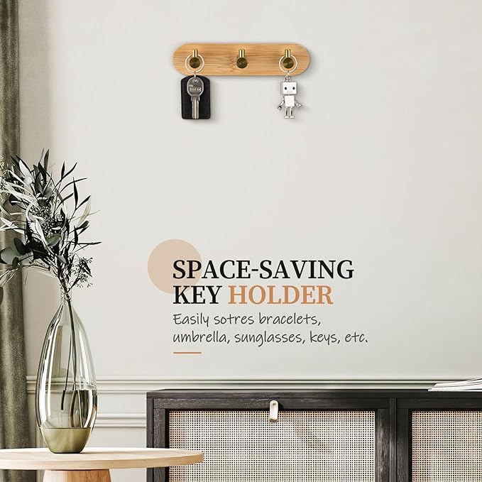 Nekon Bamboo Key Holder for Wall, Wall Mount Key Organizer with 3 Hooks, Decorative Coat Rack for Entryway, Kitchen, Bedroom, Bathroom (Gold Hooks)