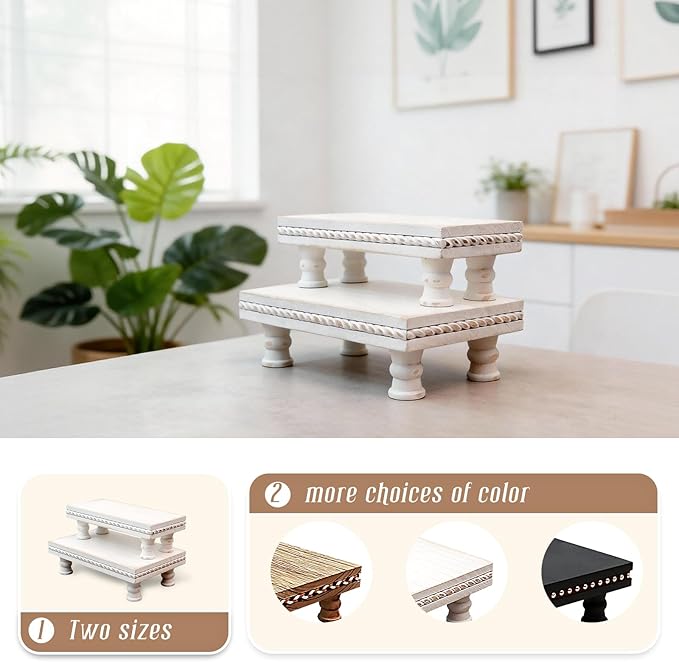 Wood Tray Pedestal Stand, Waterproof Bathroom Counter Organizer, Modern Farmhouse Riser for Soap/Candle/Sponge White Set （Middle+ Small