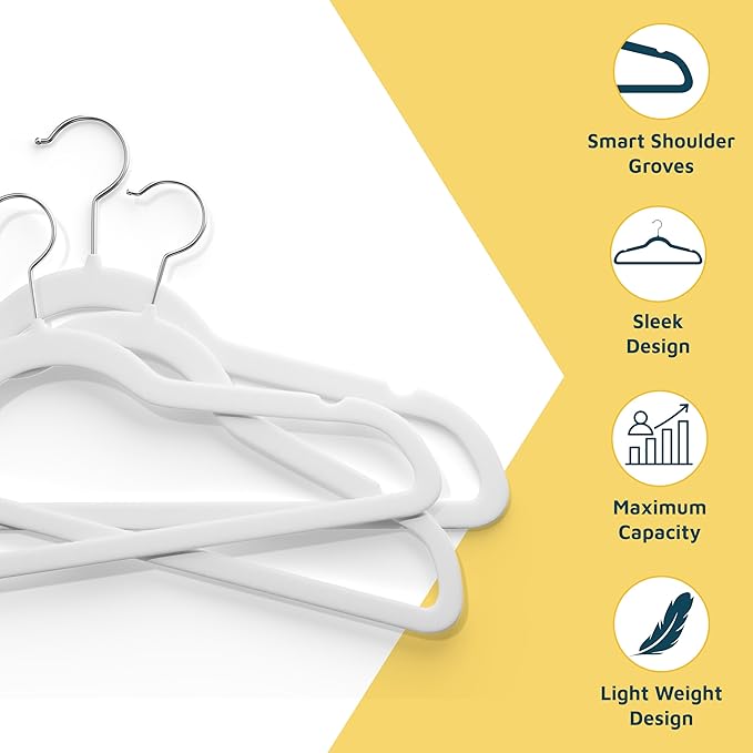 Lifemaster Velvet Clothes Hanger – with 360 Degree Swivel Hook and Non-Slip Shoulder Notch, Holds Up to 10 lbs, Heavy Duty Hanger Set, for Organizing Suit, Dress, Coat, and Clothes, Pack of 30, White