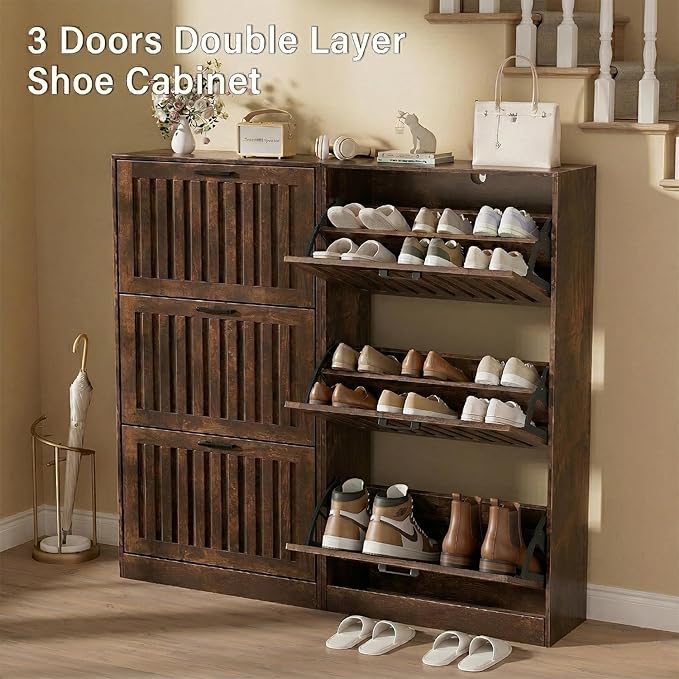 Shoe Storage Cabinet for Entryway with 3 Flip Drawers, Wooden Shoe Organizer with Adjustable Shelf, Freestanding Wood Fluted Panel Shoes Cabinet Closed Shoe Rack for Hallway, Foyer, Walnut