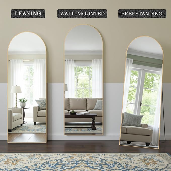 MISSDAY Arched Full Length Mirror, 64"x21" Full Body Mirror with Stand, Floor Mirror Long Free Standing, Leaning or Hanging, Aluminum Thin Frame Wall-Mounted Mirrors Wall Mirrors for Bedroom, Gold