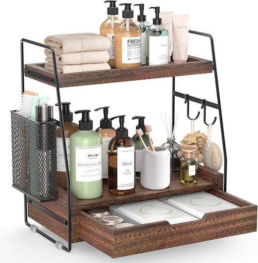 2-Tier Bathroom Counter Organizer with Drawer and Removable Basket, Wood Vanity Countertop Storage for Perfume, Makeup, Skincare, Bathroom Counter Shelf, Moisture-Resistant, Dark Brown