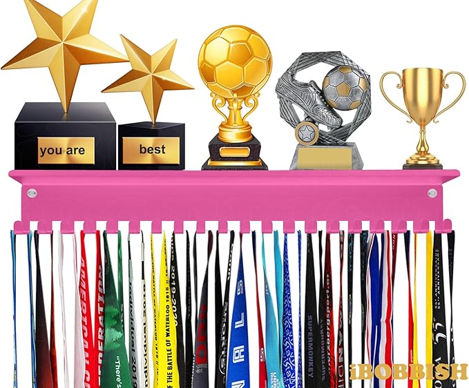 iBobbish Metal Medal Hanger Display,Non-Slip Trophy Shelf with 20 Hooks,Wall Mount,Heavy Duty,Non-Bent,Holds 22-33lbs,for Gymnastics,Race,Soccer,Swim