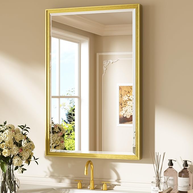 Keonjinn 24" x 36" Brushed Gold Bathroom Mirrors for Over Sink, Aluminum Alloy Wide Frame, HD Tempered Glass with Beveled Edge, Rustproof, Gold Bathroom Vanity Mirror for Wall(Vertical/Horizontal)
