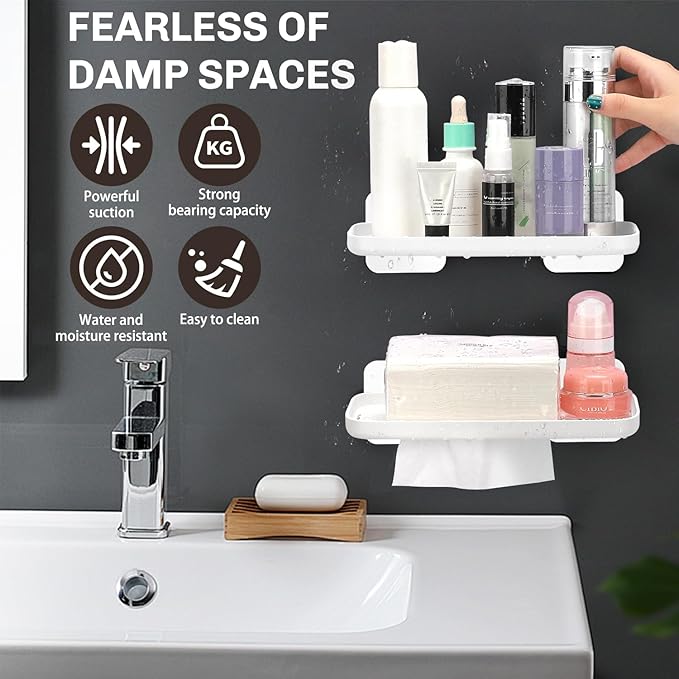 FAYYGYH 2 Pack Adhesive Floating Shelves No Drill Small Floating Shelf for Wall Storage Damage-Free Wall Mounted Organizer for Bathroom, Kitchen, Bedroom & Office (White)