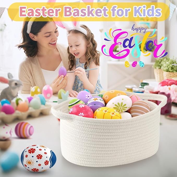 Happyiren Medium Woven Cotton Rope Basket with Handle Empty Decorative Gift Basket for Baby Shower, Graduation, Father's Day, Nursery Storage 13" Dia x 8" W x 6" H