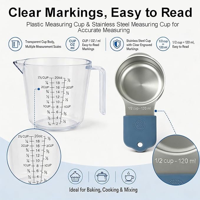 Stainless Steel Measuring Cups and Spoons Set, 7 Magnetic Measuring Cups, 5 Metal Measuring Spoons, 3 Plastic Measuring Cups for Kitchen Cooking & Baking, Dry & Liquid Ingredients