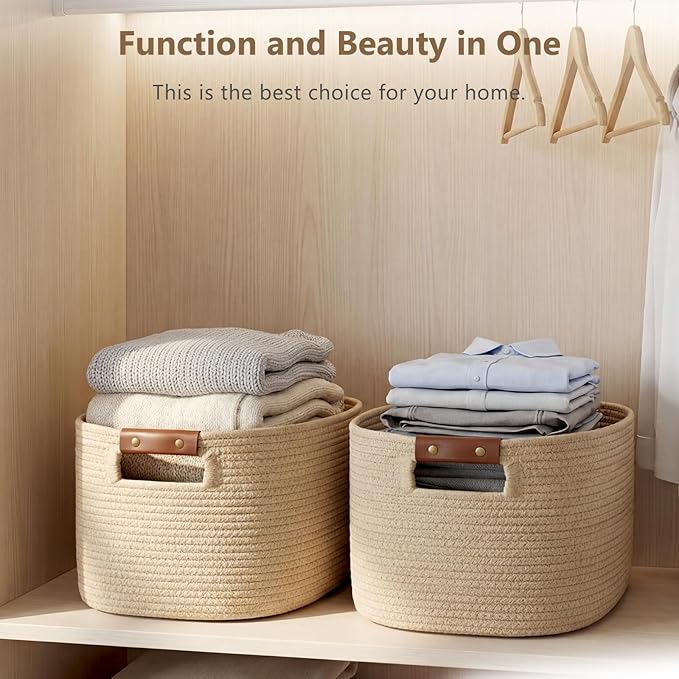 ECDYQXVU Cotton Rope Basket, Storage Baskets with Handle, 15x10x9 Inch Woven Basket for Shelves, Laundry, Towels, Clothes, Books (Jute/Brown 1Pack)
