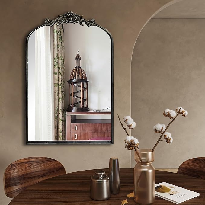 HQiJun Black Vintage Wall Mirror Window Decorative Traditional Mirrors Antique Arched Farmhouse for Living Room Bedroom Entryway Bathroom Vanity (36 * 24 * 1.2, Black)