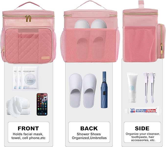 Portable Shower Caddy College Dorm Essentials (Full Size Bottle Compatible), Toiletry Bag for Women Men, Hanging Makeup Bag with Quickly Dry Mesh Base for Travel,Gym & Camping,Pink