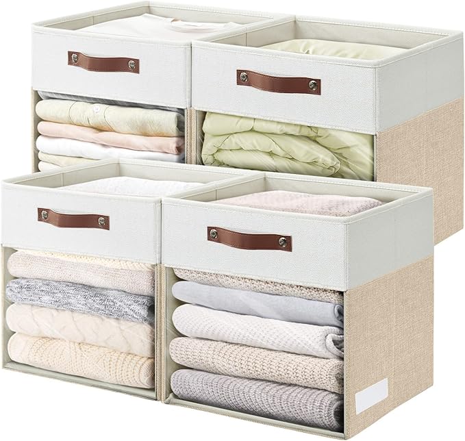 Bagnizer Storage Cubes, 4 Pack Linen Foldable Storage Bins (13 x 13 inch) with Clear Window and Handles, Fabric Organizer for Shelf Closet, Clothes, Books - (Beige and White)