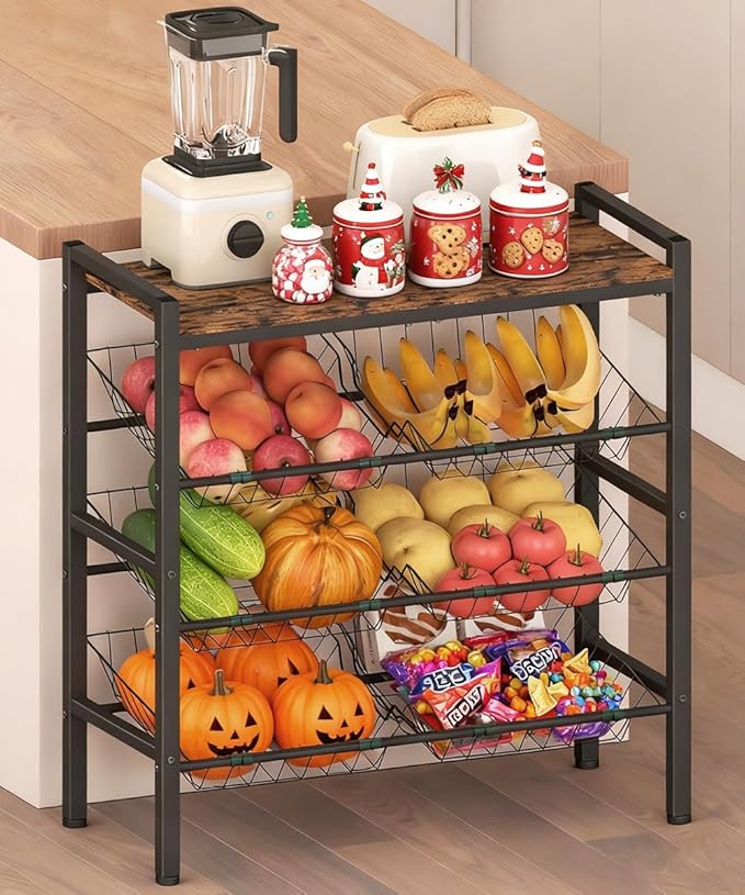 Kitchen Fruit and Vegetable Storage Rack, 4-Tier Fruit Basket Stand, Freestanding Snack Display Organizer Shelf, Small Kitchen Island with Wood Top for Pantry, Office, Living Room, Black