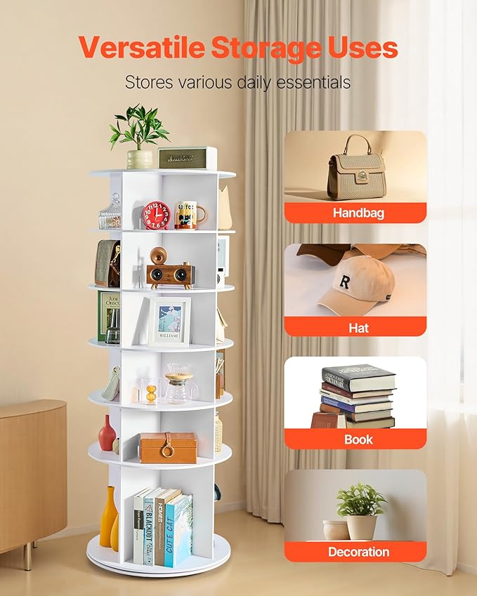 VEVOR 6 Tiers Rotating Shoe Rack Tower, 360° Spinning Shoe Rack, Revolving Storage Round Carousel Display, Freestanding Lazy Susan Organizer Display for Bedroom, Living Room, Entryway, Closet, White