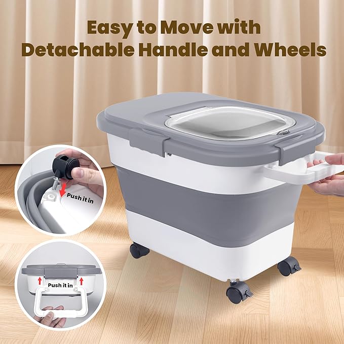 HOYTAMDA18-25lbs Rice Container,Collapsible Airtight Food Storage Containers with Wheels,Handle,Rice Storage Container with Small Bin and Scoop,Rice Dispenser for Flour Sugar Cereal Grain Dog Cat
