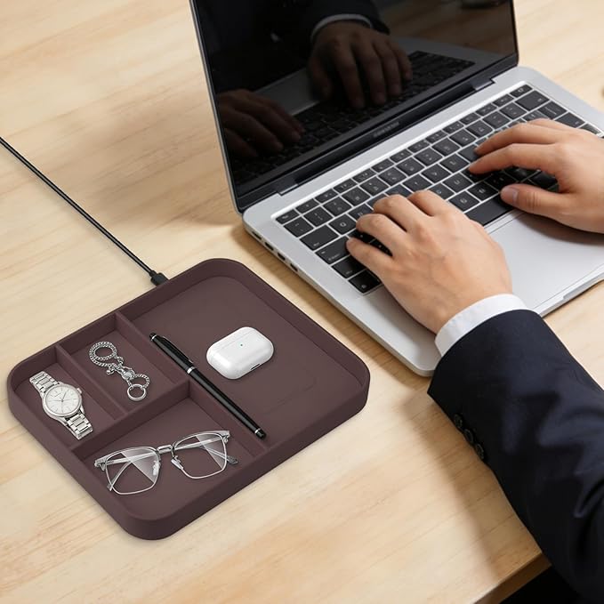 VOVIPO Faux Leather Valet Tray,with 2 in 1 Wireless Charging Compitable With iPhone/17/16/15/15 Plus/15 Pro/15 Pro Max/14/13/12/Wireless earphones,Office/Home Desk Organizers Tray-Brown