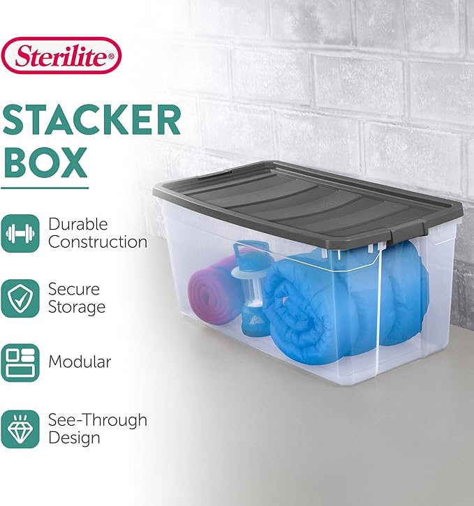 Sterilite 3-Pack Modular Stacker Box, Durable Clear Plastic Storage Bins with Latching Lids, 200 Quart - Stackable Organizing Container Boxes for Closet, Bathroom, and Office