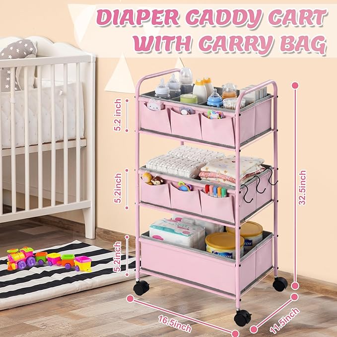 WILLBOND 3 Tier Pink Baby Diaper Caddy Organizer Cart with 4+3 Dividers Large Capacity Metal Utility Bedside Rolling Cart Newborn Registry Nursery Essential Must Have Crib Bedroom Baby Shower