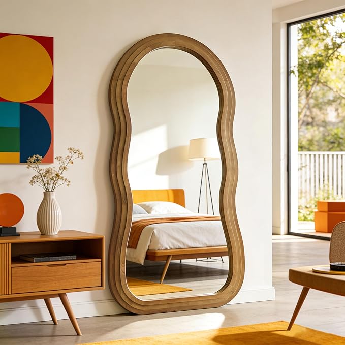 Wavy Full Length Mirror, 71"x33.5" Oversized Organic Floor Mirrors with Triple-Layer Solid Wood Frame, Large Irregular Full Body Mirror for Living Room Entryway Cloakroom, Leaning/Hanging