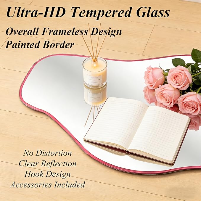 Large Irregular Mirror, 63"x30" Asymmetrical Tempered Glass Mirror Full Length, Pink Organic Frameless Wall Mirrors for Living Room Bedroom Hallway Entryway, Horizontal or Vertical Hanging