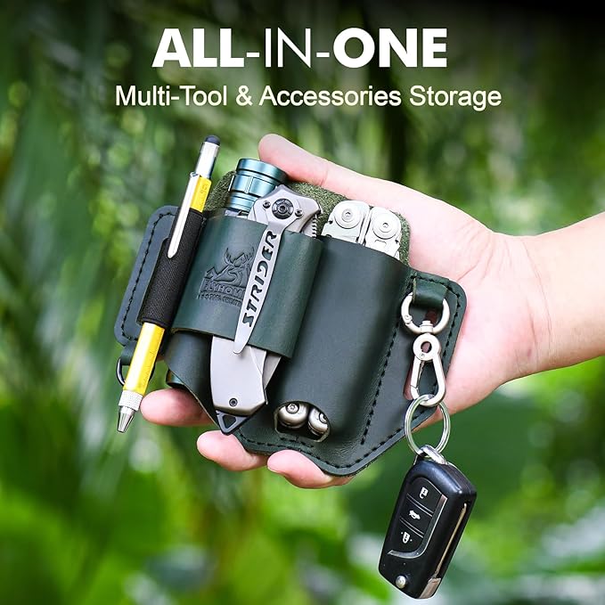 FLYHOMES Genuine Leather Multitool Sheath | Handmade Stitched EDC Belt Organizer for Leatherman Surge | Flashlight, Knife Holster, Pen & Tools Pouch | Dark Green (Large)
