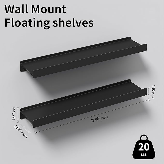 Floating Shelves for Wall, Wall Mounted Shelves with Lip for Storage, Metal Display Shelves for Home Decor, Kitchen/Living Room/Bedroom/Bathroom Shelf, Black 20 inch 2 Pack