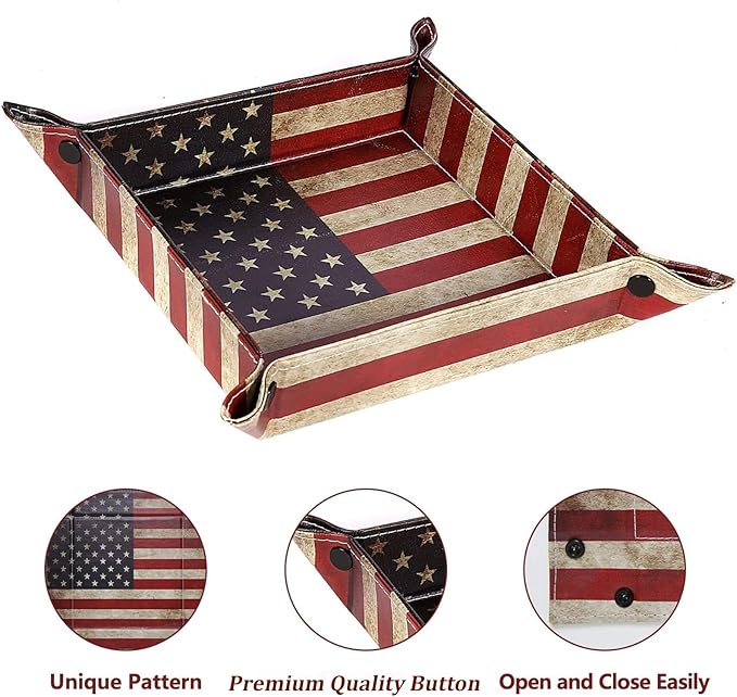 Valet Tray Desktop Storage Organizer, Vegan Leather Catchall Bedside Vanity Tray Nightstand Caddy Holder for Remote Controller, Watch, Keys, Phone, Wallet, Sunglasses, Jewelry - Flag