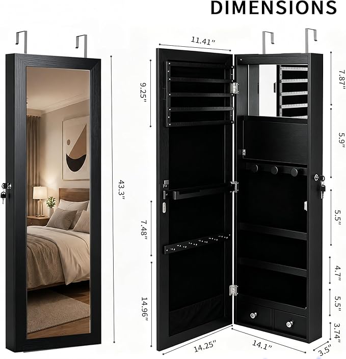 Over the Door Jewelry Organizer, Wall Mounted Jewelry Cabinet, Hanging Mirror with Storage Box, Wall/Door Mounted Full Length Mirror with LED