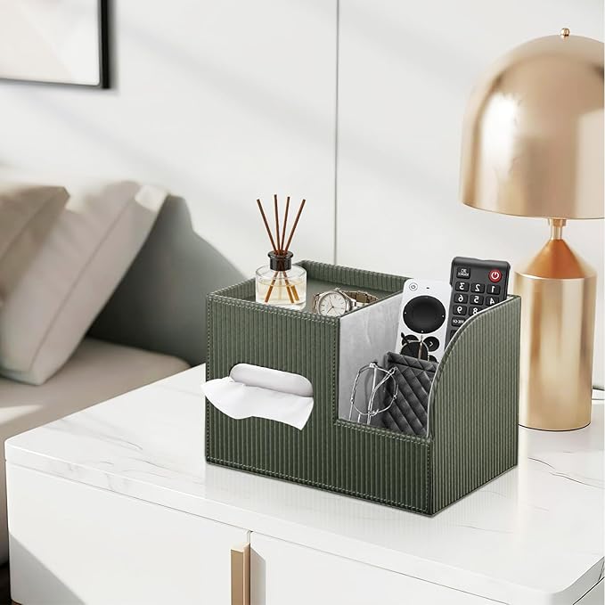 Modern PU Leather Cube Tissue Box Cover with Storage Tray, Multifunctional Remote Control Holder & Facial Tissue Dispenser Organizer for Nightstand, Bathroom, Bedroom, Office & Home Decor