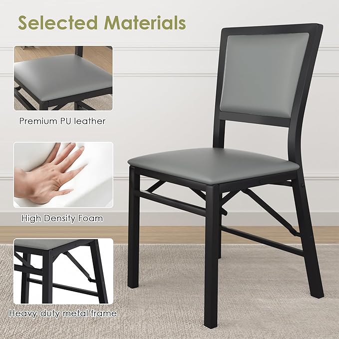 VECELO Folding Chairs Set of 2 with Cushion, Foldable Padded Seats with Heavy Duty Metal Frame for Kitchen/Dining/Living Room, No Assembly & Space Saving Design, Grey
