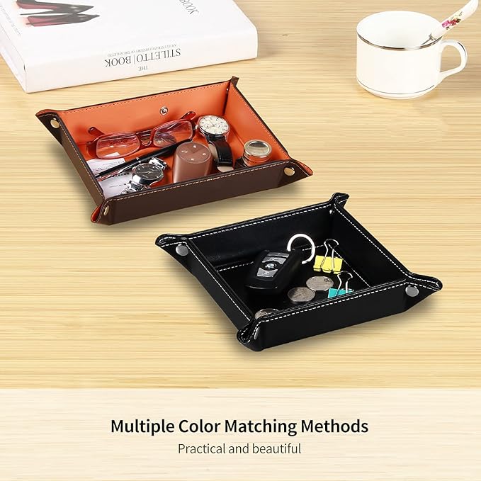 YAPISHI Key Dish Bowl for Entryway, Catchall Holder Bedside Table Valet Tray for Men's Pocket Stuff, PU Leather Nightstand Organizer for Dice/Coins/Wallet/Watch/Rings/Sunglasses, Dresser/Coffee Table