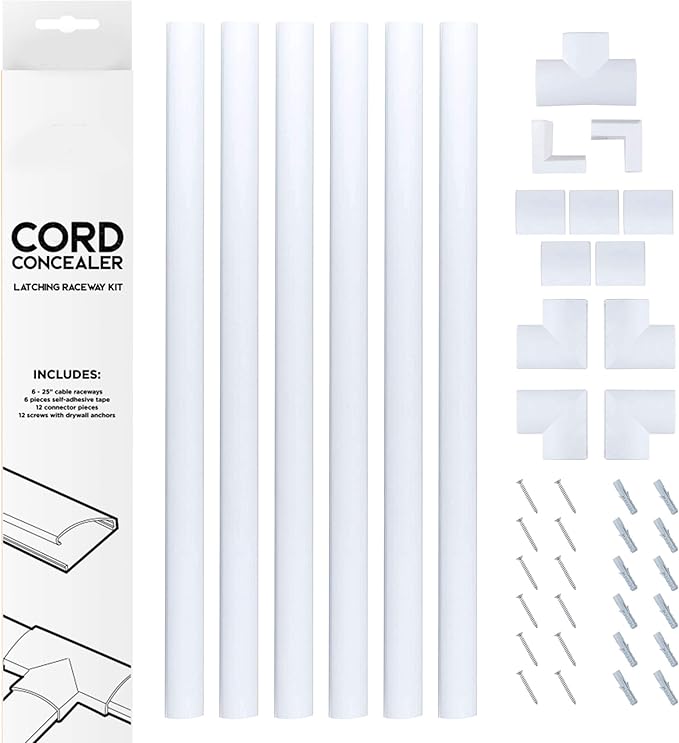 Cord Concealer System Covers Cables, Cords, or Wires - Cable Cover Management Raceway Kit for Hiding TV Power Cords in Home or Office - SimpleCord