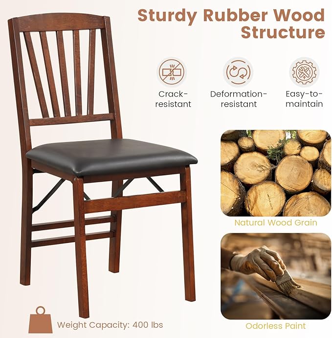 Giantex Folding Dining Chairs Set of 4, Foldable Wood Kitchen Chairs with Padded Seat, Solid Wood Frame, Max Load 400 Lbs, No Assembly Easy to Store Wooden Dining Chairs for Apartment, Small Space