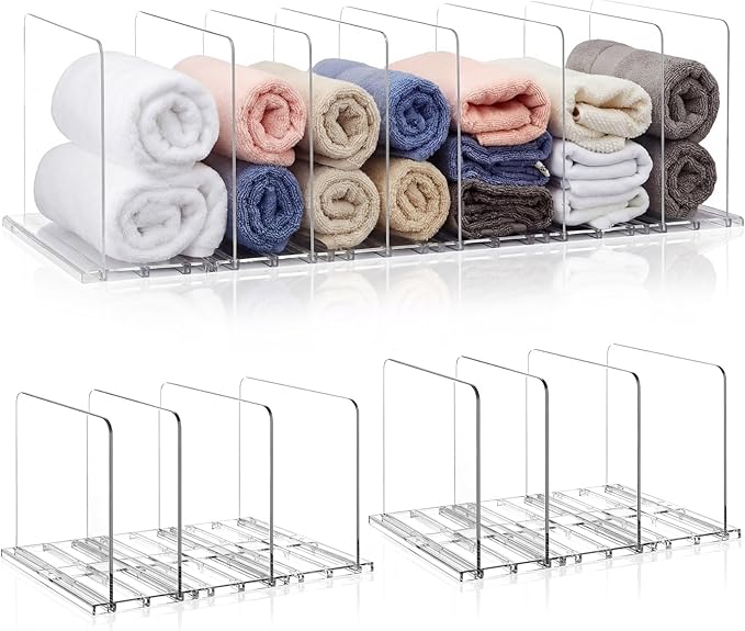 LEIFIDE Interlocking Towel Organizer Set Adjustable Clear Towel Storage Shelf for Bathroom, Plastic Dividers Storage Holder Organizer for Home, Bathroom, Cabinet, Closet, Space Saving