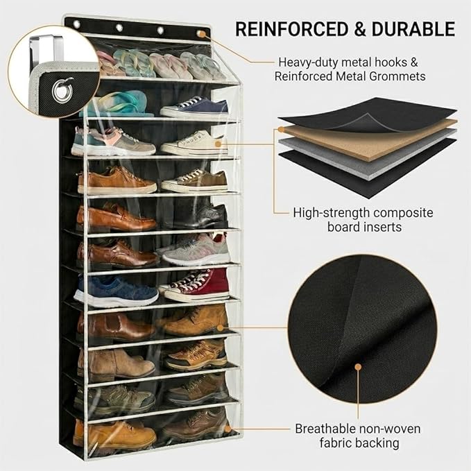 SUREMAX Over The Door Shoe Organizer, 11-Tier Hanging Shoe Rack for Closet Door Fits 22 Pairs, Clear PVC Behind The Door Storage Organizer with Heavy Duty Hooks & Loop Fastener, Black