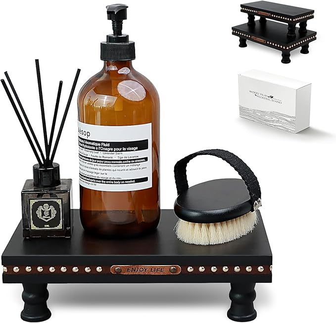 Wood Tray Pedestal Stand, Waterproof Bathroom Counter Organizer, Modern Farmhouse Riser for Soap/Candle/Sponge Black Set （Middle+ Small