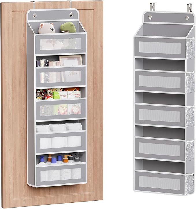 Simple Trending Over The Door Hanging Organizer, 5-Tier Shelves with 5 Large & 5 Side Pockets, Anti-Tilt Heavy Duty 44 lb Capacity Behind Door Storage for Bedroom, Bathroom, Pantry, Nursery, Grey
