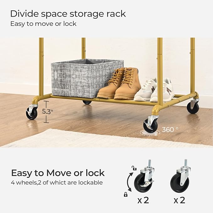 FOUCSSOMEI Heavy Duty Clothes Rack, Rolling Clothing Rack, Garment Rack with Wheels, Double Rod, Max 400Lbs, Gold