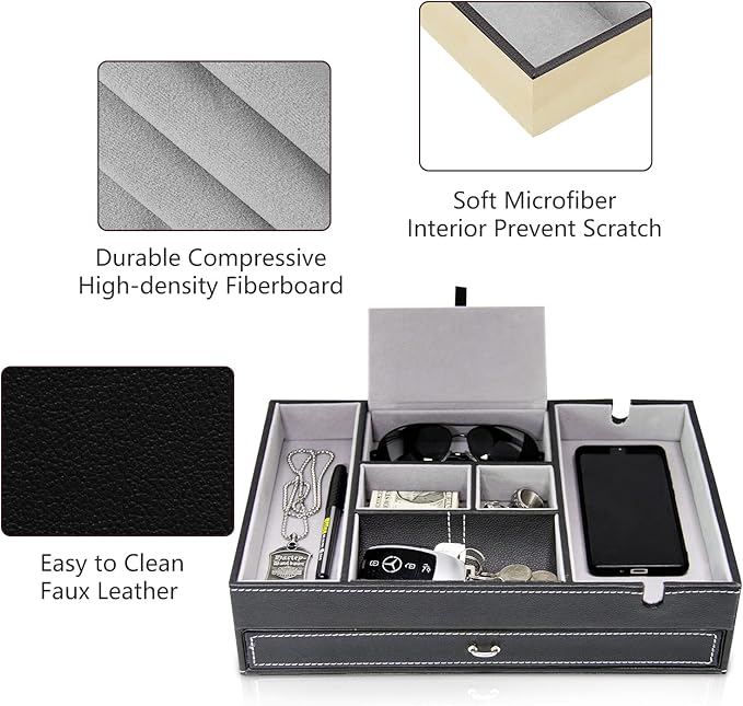 Baoyun Valet Tray for Men, 2 Layers Nightstand Organizers for Men and Women, Leather Jewelry Storage Box, Mens Dresser Top Organizer, Catch All for Jewelry Key Wallet and Phone (Black)