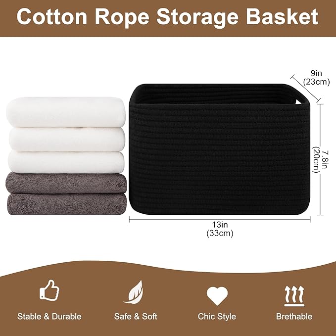 OIASKET Storage Baskets for Organizing, Woven Decorative Baskets for Shelves - Books, Towels, and Clothes, Cotton Rope Toy Storage Bins, 12.7''Lx9''Wx7.8''H, Pack of 4, Black
